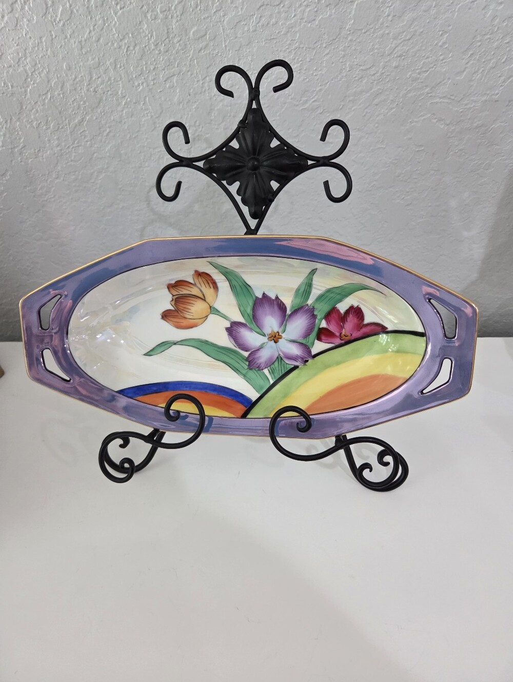 Vtg Noritake Lusterware Serving Dish With Hand Painted Flowers And Gold Trim